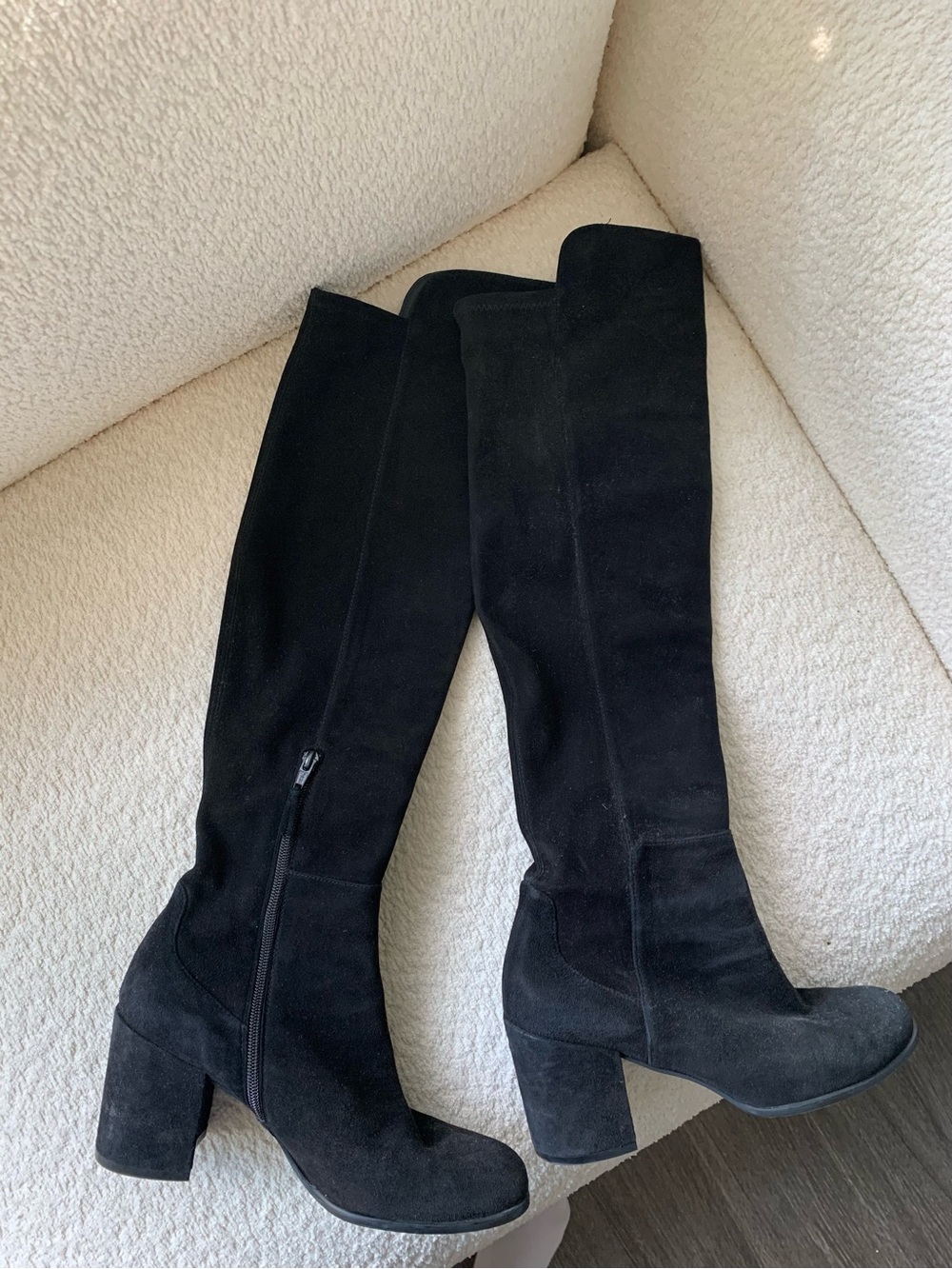 Stuart Weitzman Black Knee High Suede Block Heel Boots